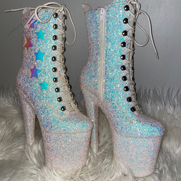 YRU MYA STAR WHITE GLITTER PLATFORM Stripper Dancewear BOOTS HEELS  XTRA Size 5 - Picture 3 of 16